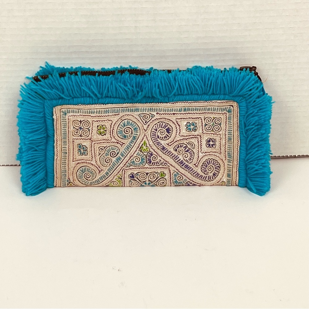 Jade Tribe embroidered fringe trimmed boho zippered clutch wallet